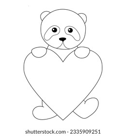 Coloring book, outline of a cute panda that stands and holds a big heart on a white background. Vector illustration. Beautiful black and white animal.