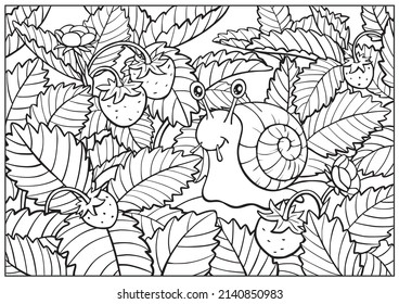 Coloring book outline drawing of cartoon cute snail. Children and adult activity page with vector linear illustration forest strawberries and flowers.