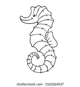Coloring book with outline drawing of seahorse. Kids vector illustration of cute cartoon sea animals Printable isolated line draw.