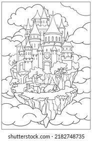Coloring book of outline landscape with a castle. Educational kids activity page and worksheet with fairy tale. Cartoon Isolated vector illustration.