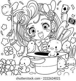 Coloring book outline of magic girl with parrot rabbit  bird card  and flower isolated on white background