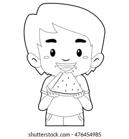 Coloring Book Outlined Boy eating Watermelon