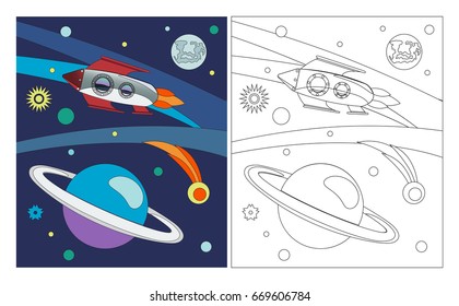 Coloring Book Outlined Outer Space Elements.Planets, the sun, comet, meteorite, rocket.