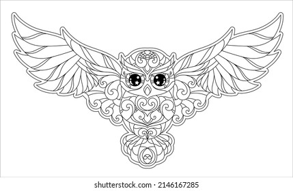 Coloring book. Owl. bird on white background. Lineart design painting with doodle and zentangle elements. Vector illustration. Anti stress coloring book