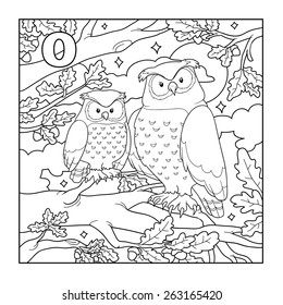 Coloring book (owl), colorless illustration (letter O)
