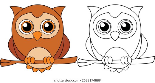 Coloring book owl sitting on a branch with big round eyes on white background vector illustration