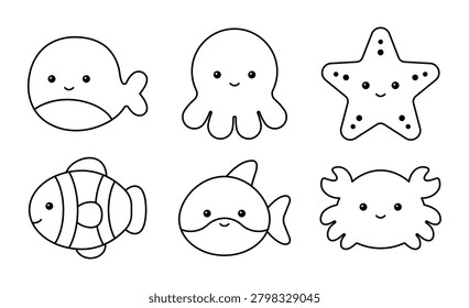 Coloring book page with 6 cute sea animal characters including a whale, octopus, shark, and crab. Minimalist black outline vector illustration of marine ocean life for kids activity sheets.