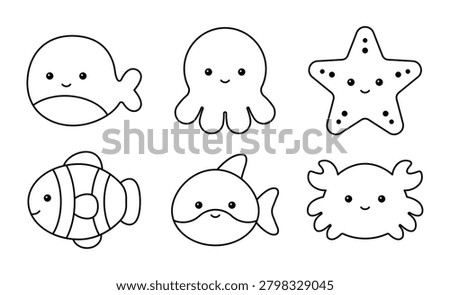Coloring book page with 6 cute sea animal characters including a whale, octopus, shark, and crab. Minimalist black outline vector illustration of marine ocean life for kids activity sheets.