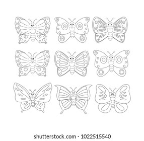 Coloring book page with 9 cartoon butterfly. Vector illustration isolated on white background.