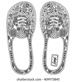 Coloring book page for adult anti stress. Hippie sneakers in zentangle style. Indian ornament. Fashion shoes. Boho.