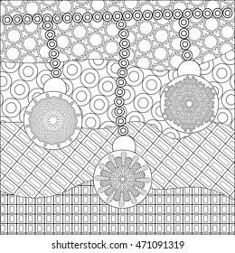 Coloring book page for adult, anti stress coloring and other decoration. artistic christmas balls with abstract snowflakes and ornamental  background. Zentangle design.  New year illustration.