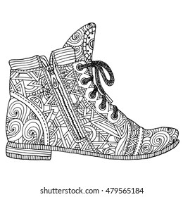 Coloring book page for adult anti stress. Hippie sneakers in zentangle style. Indian ornament. Fashion shoes. Bohemian chic, women's boots