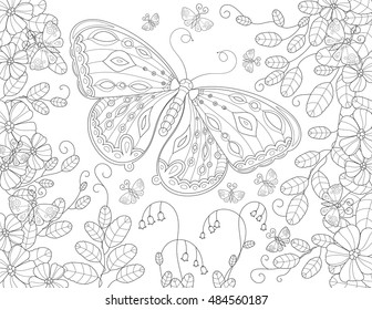 Coloring book page for adult with butterfly flowers and foliage. Vector black and white pattern