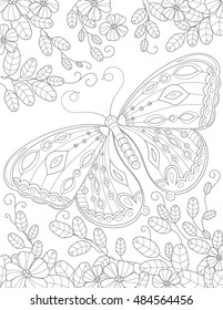 Coloring Book Page Adult Butterfly Flowers Stock Vector (Royalty Free ...