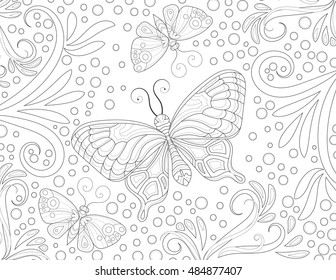 Coloring book page for adult with butterfly flowers and curls. Vector black and white pattern