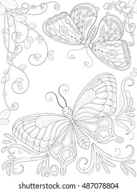 Coloring book page for adult with butterfly flowers and curls. Vector black and white pattern
