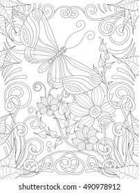 Coloring book page for adult with butterfly flowers and curls. Vector black and white pattern