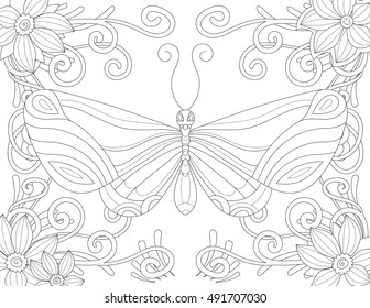 Coloring book page for adult with butterfly flowers and curls. Vector black and white pattern