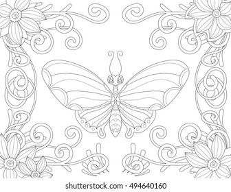 Coloring book page for adult with butterfly flowers and curls. Vector black and white pattern