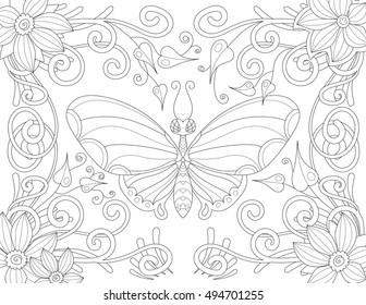 Coloring book page for adult with butterfly flowers and curls. Vector black and white pattern