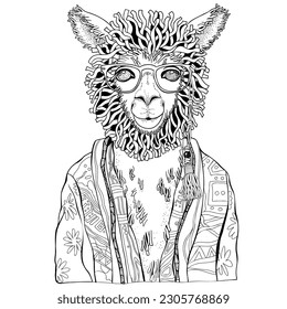 Coloring Book page for Adult and children. Llama in zentangle style with Glasses. Black and white background. Doodle hand-drawn.
