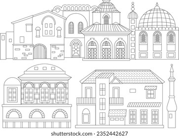 coloring book page for adult and children. collection of european buildings, a temple with dome and a church with stained glass windows, olden houses, towers