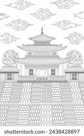 coloring book page for adult and children. ancient asian town. cloudy oriental cityscape with pagoda and paved square