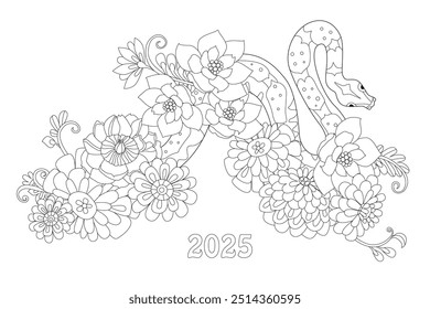 Malbuch für Erwachsene und Kinder. Schlange in Blumen. Blumenmuster mit Schlange. Chinesisches Neujahrszeichen 2025