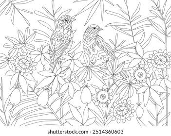 coloring book page for adult and children. couple of lovely birds perching on branch in blooming tropical forest