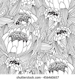 Coloring book page for adult and children. Seamless pattern with Protea flower art. King Protea in zentangle style. Black and white colors. Hand-drawn contour. 
