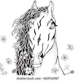 Coloring Book page for Adult and children. Funny Horse with summer flowers in zentangle style. Black and white monochrome background. Doodle hand-drawn.