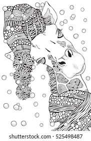 Coloring Book page for Adult and children. Winter Giraffe in knitted hat and scarf in zentangle style.Black and white monochrome background. Doodle hand-drawn