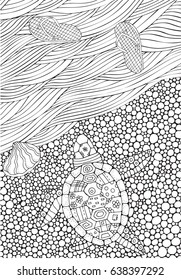 Coloring book page for adult and children. Turtle crawls to the water, sea waves in zentangle style. A4 size. Doodles. Black and white pattern for coloring book. Beautiful and Fun Image to color In.