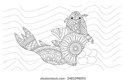 Coloring book page for adult. Fish with Detailed Pattern isolated on white background, mandalas design, line art design