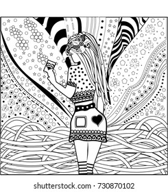 Coloring book page for adult. Girl. Black and white. Doodle style.
