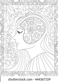 Coloring book page for adult with girl's face and foliage. Vector black and white pattern