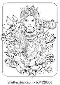 Coloring book page for adult. An image of beautiful woman with flowers.