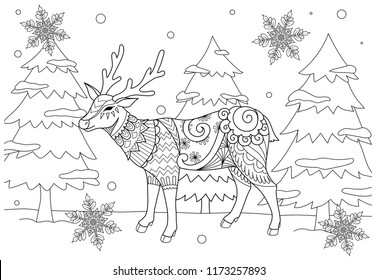 Coloring Book page for adult and kid. Colouring picture of zentangle stylized Chiristmas deer in the winter and beautiful snowflakes. Hand drawing illustration. 