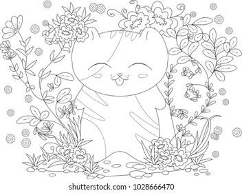 coloring book page for adult and kids. happy kitten with flowers and leaves. ornamental lineart pattern.