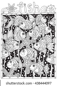 Coloring book, coloring page for adult and older children with fish. Printable. Vector illustration. Black and white background.