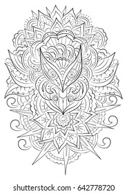 Coloring book, page for adult and older children. Vector ornamental Lotus, ethnic zentangled henna tattoo. Hand drawn illustration in doodle style