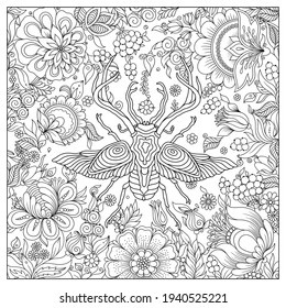 Coloring book page for adult. Stylized cartoon image, insect with floral pattern in zentangle art-style