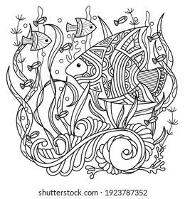 Coloring book page for adult , Under water. Marine vector motif . Doodle of the underwater world, sea, ocean, river . Fish and underwater plants, Monochrome. Aquariums.