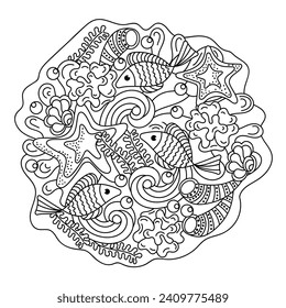 Coloring book page for adult , Under water. Marine vector motif . Doodle of the underwater world . Fish and plants, Monochrome. Aquariums.