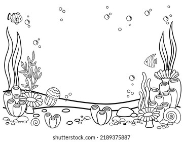 Coloring book page for adult. Underwater seabed with algae and corals, line art design and fish