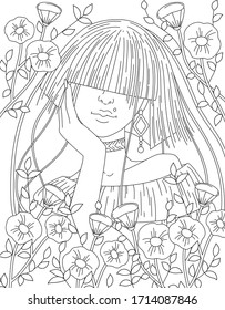Coloring book page for adult. Vector black and white anti-stress pattern with stylized image young girl and floral composition.
