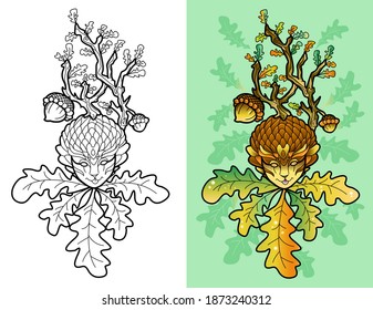Coloring book page for adults with beautiful fantasy fairy acorn. Colorless and colored samples.