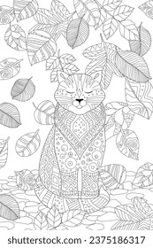 Coloring book page for adults and children. autumn leaves falling on a pretty cat sitting with closed eyes 