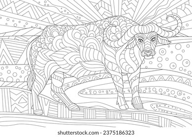 Coloring book page for adults and children. African savannah fantasy landscape with a wild animal buffalo. abstract scene with a mammal