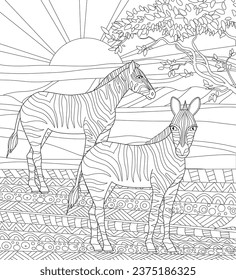 Coloring book page for adults and children. African savannah landscape with wild animals. Sunny  scene with zebras and a acacia tree